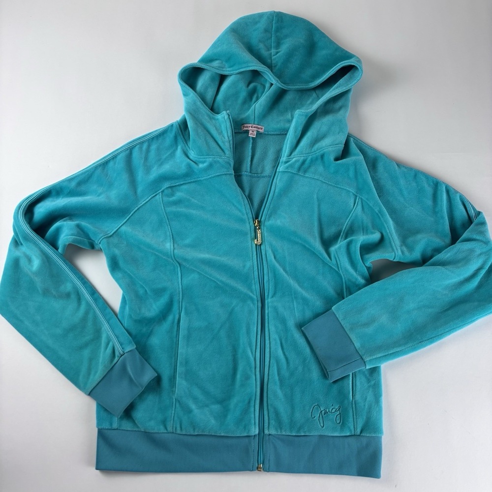 Juicy Couture Teal Velour Zip Up Hoodie Jacket Women's Medium Rhinestone Logo - Picture 1 of 12